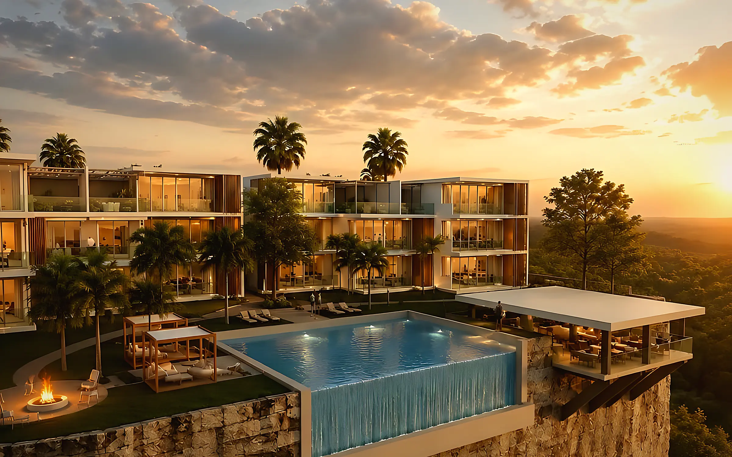 Piscina de borde infinito sobre el farallón al atardecer