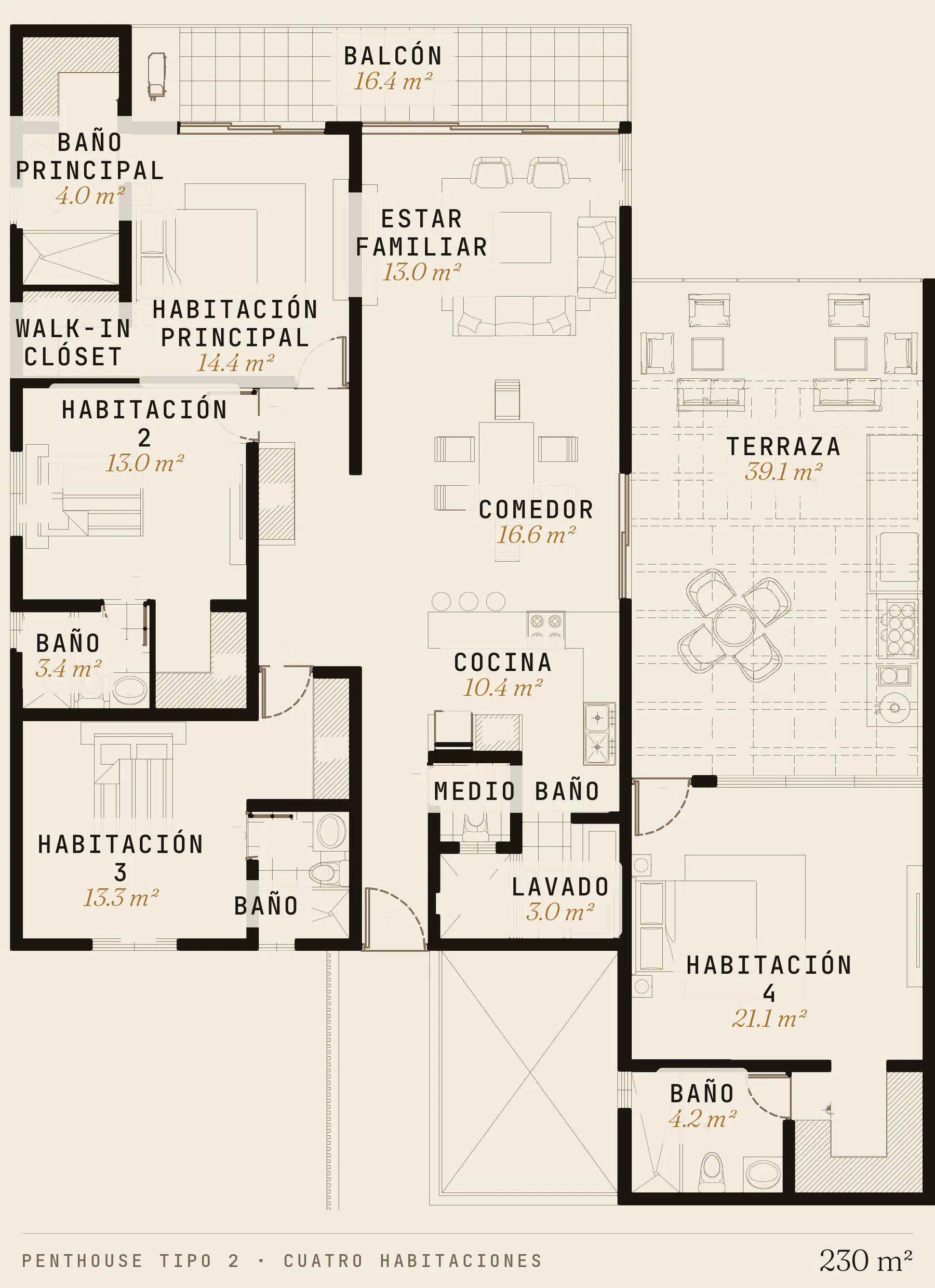 Planta amoblada del penthouse Tipo 2, con la cuarta habitaci&oacute;n