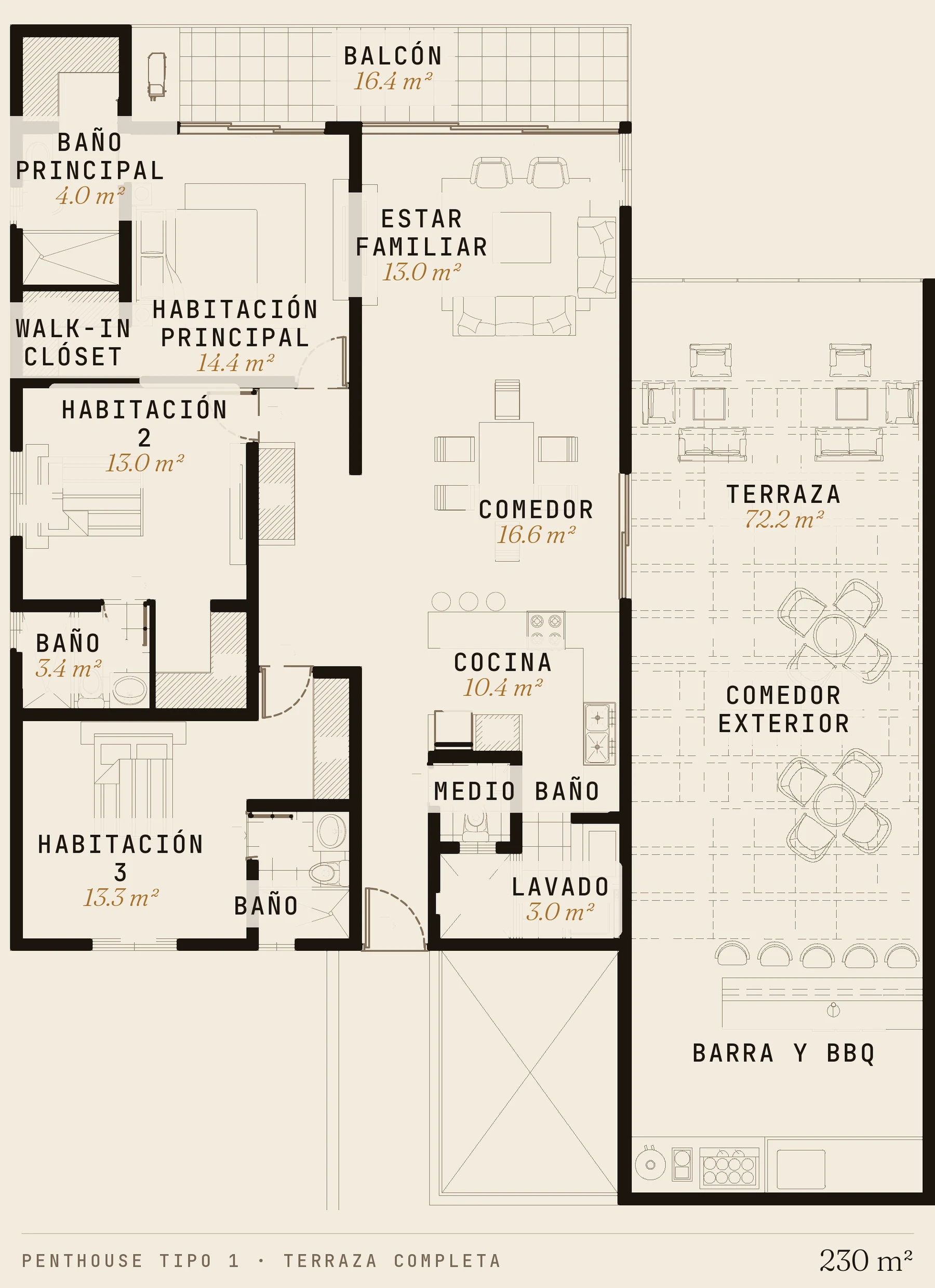 Planta amoblada del penthouse Tipo 1, con la terraza completa